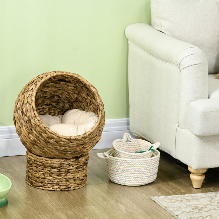 Cama para Gatos de Fibra Vegetal Caverna para Gatos Desmontável com Almofada Amovível 42x33x52 cm Marrom Claro e Bege