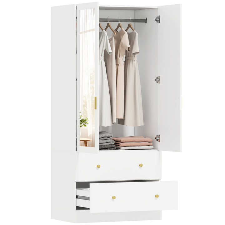 Roupeiro com 2 Portas e 2 Gavetas Armário Roupeiro com Espelho Barra para Pendurar Estilo Moderno 80x50x180 cm Branco
