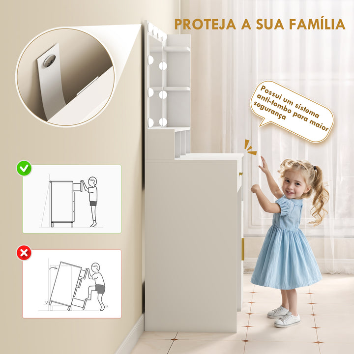 Toucador de Maquilhagem com Luzes LED e Banco Toucador com Espelho 10 Lâmpadas LED Gaveta Prateleiras Compartimentos Abertos para Quarto Closet Branco