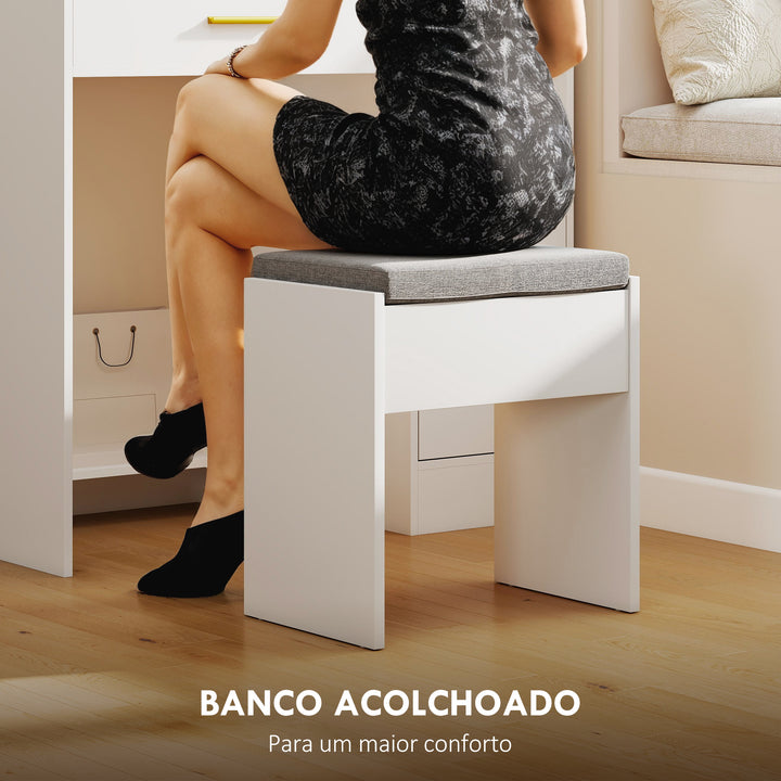 Toucador de Maquilhagem com Luzes LED e Banco Toucador com Espelho 10 Lâmpadas LED Gaveta Prateleiras Compartimentos Abertos para Quarto Closet Branco