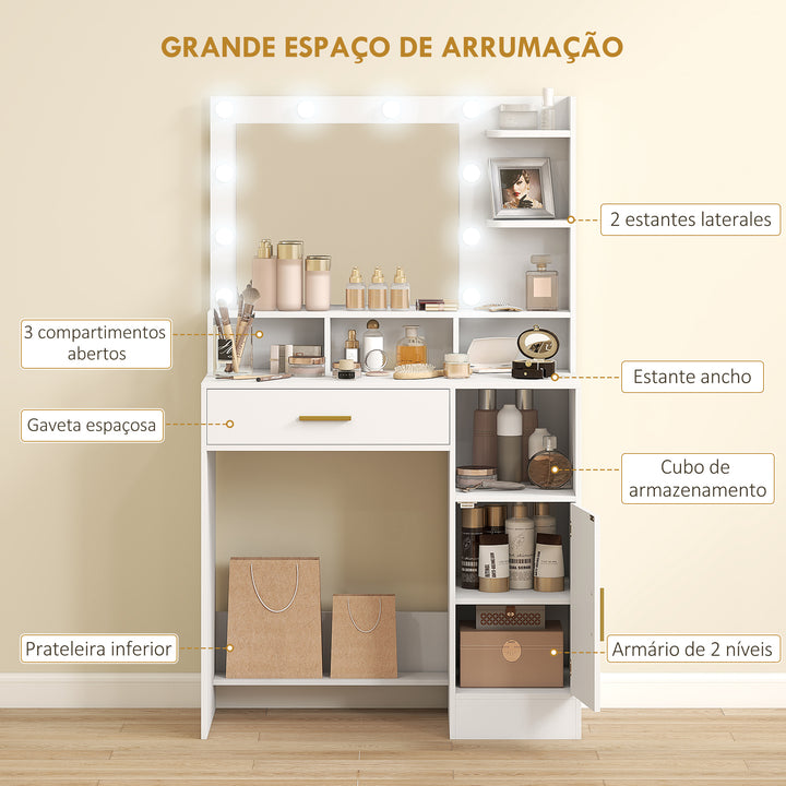 Toucador de Maquilhagem com Luzes LED e Banco Toucador com Espelho 10 Lâmpadas LED Gaveta Prateleiras Compartimentos Abertos para Quarto Closet Branco