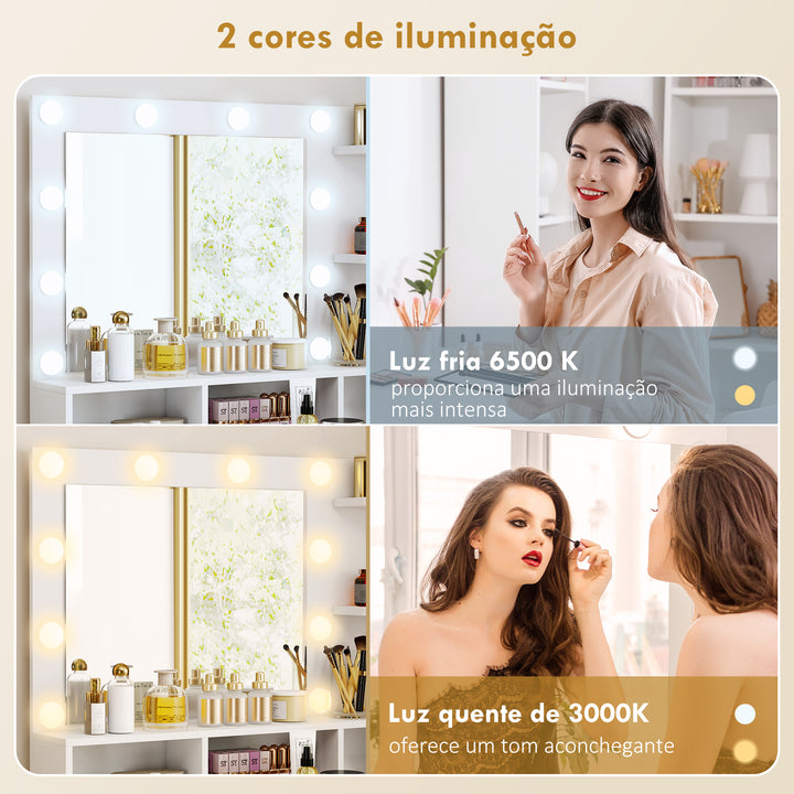 Toucador de Maquilhagem com Luzes LED e Banco Toucador com Espelho 10 Lâmpadas LED Gaveta Prateleiras Compartimentos Abertos para Quarto Closet Branco