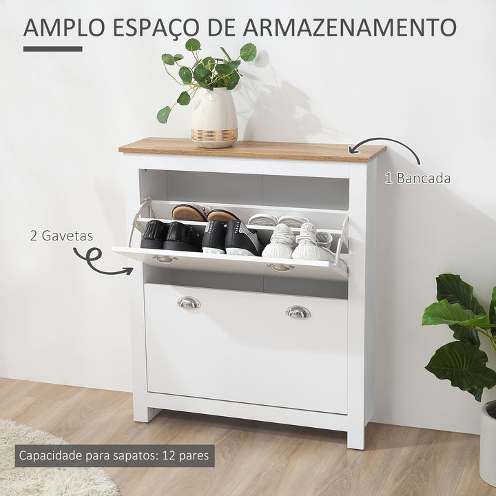 Sapateira Estreita Móvel Sapateira de Entrada com 2 Gavetas Abatíveis Prateleiras Ajustáveis para 12 Pares de Sapatos para Corredor 79x23x90,5 cm Branco