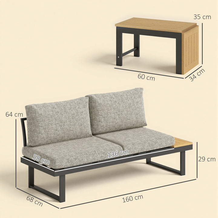 Conjunto de Jardim Exterior de 3 Peças, Sofá Exterior Seccional Resistente com 2 Sofás de 2 Lugares e Mesa de Centro Versátil, Estrutura de Alumínio e Almofadas, Cinzento Claro