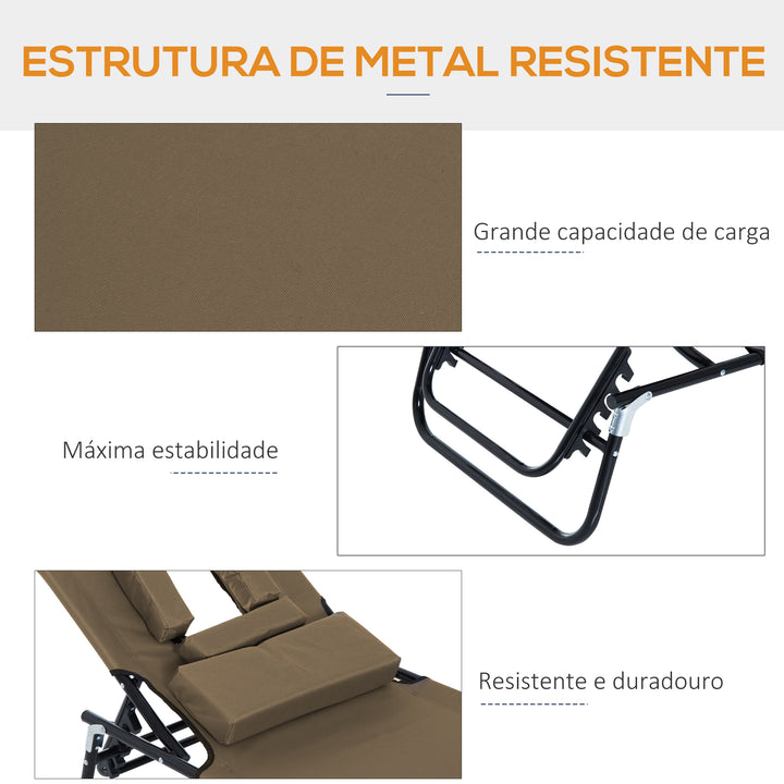 Espreguiçadeira Dobrável com Encosto Ajustável em 4 Posições Espreguiçadeira de Jardim com Orifício para Leitura Almofada Estrutura Metálica e Tecido Oxford para Praia Terraço Carga 120 kg 190x56x28 cm Castanho