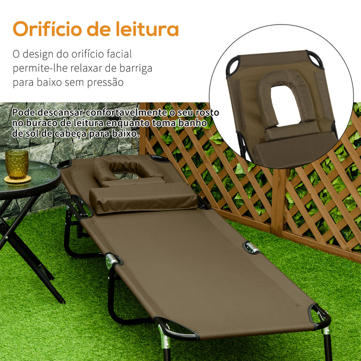 Espreguiçadeira Dobrável com Encosto Ajustável em 4 Posições Espreguiçadeira de Jardim com Orifício para Leitura Almofada Estrutura Metálica e Tecido Oxford para Praia Terraço Carga 120 kg 190x56x28 cm Castanho