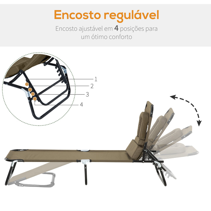 Espreguiçadeira Dobrável com Encosto Ajustável em 4 Posições Espreguiçadeira de Jardim com Orifício para Leitura Almofada Estrutura Metálica e Tecido Oxford para Praia Terraço Carga 120 kg 190x56x28 cm Castanho