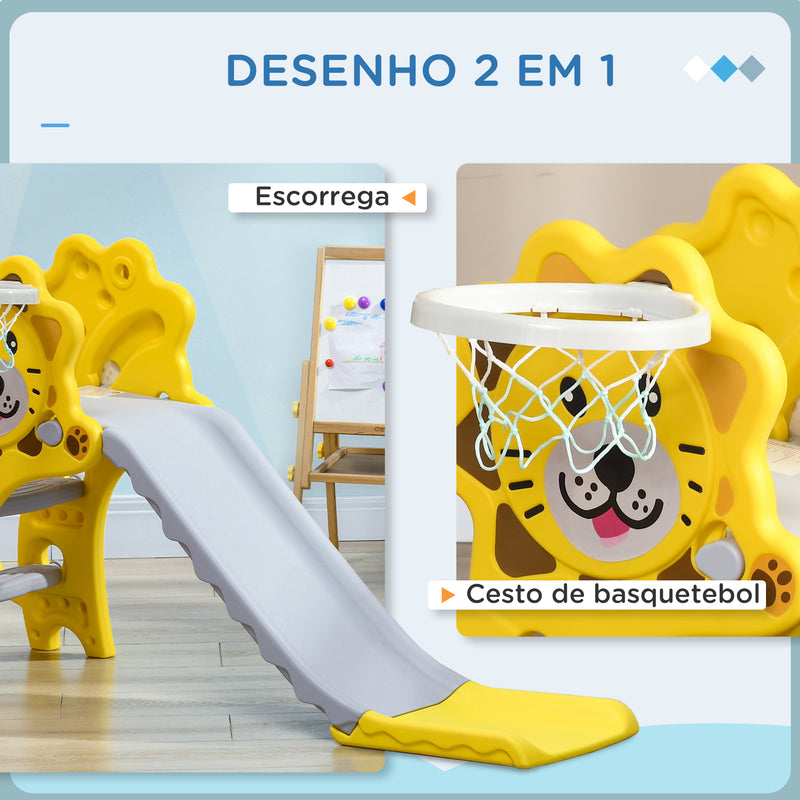 Escorrega para Crianças 2 em 1 Escorrega para Crianças de 18 a 36 Meses com 2 Degraus Cesta de basquetebol e Desenho de Leão para Interior 131x50x74 cm Amarelo e Cinza