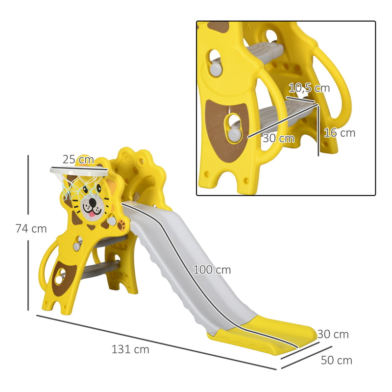 Escorrega para Crianças 2 em 1 Escorrega para Crianças de 18 a 36 Meses com 2 Degraus Cesta de basquetebol e Desenho de Leão para Interior 131x50x74 cm Amarelo e Cinza