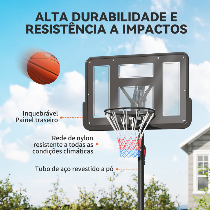 Tabela de Basquetebol para Exterior Altura Ajustável 235-305 cm Tabela de Basquetebol Portátil com Placa Irrompível 110 cm Saco de Peso e Rodas para Adolescentes e Adultos Preto