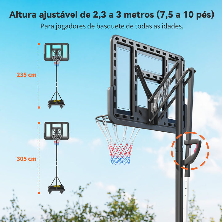 Tabela de Basquetebol para Exterior Altura Ajustável 235-305 cm Tabela de Basquetebol Portátil com Placa Irrompível 110 cm Saco de Peso e Rodas para Adolescentes e Adultos Preto