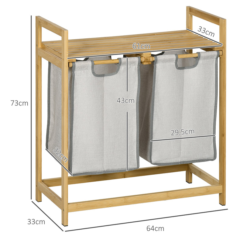 Cesto de Roupa de Bambu Cesto de Roupa Suja com 2 Bolsas Amovíveis e 2 Prateleiras Carga 20 kg 2x40,6L para Casa de Banho Dormitório 64x33x73 cm Madeira