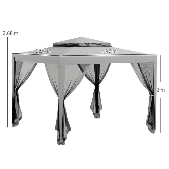 Pérgola de Jardim 297x297x268 cm Pérgola com 4 Redes Mosquiteiras Laterais com Fecho de Correr Teto de Ventilação e 8 Orifícios de Drenagem Pérgola para Terraço Pátio Exterior Cinza