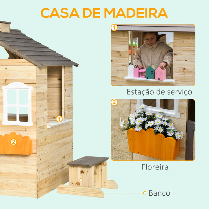 Casa de Jardim de Madeira Casa de Madeira de Exterior para Crianças de 3-7 Anos com Janelas 2 Floreiras e 1 Banco 113x94x134,5 cm Madeira