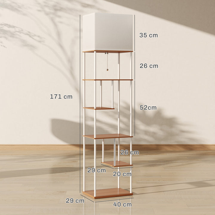 Candeeiro de Pé com Prateleiras Candeeiro de Sala com Brilho e Temperaturas de Cor Ajustáveis 3000K-6500K Controlo Remoto Casquilho E27 Temporizador para Quarto, Escritório Decoração 40x29x171 cm Branco e Madeira