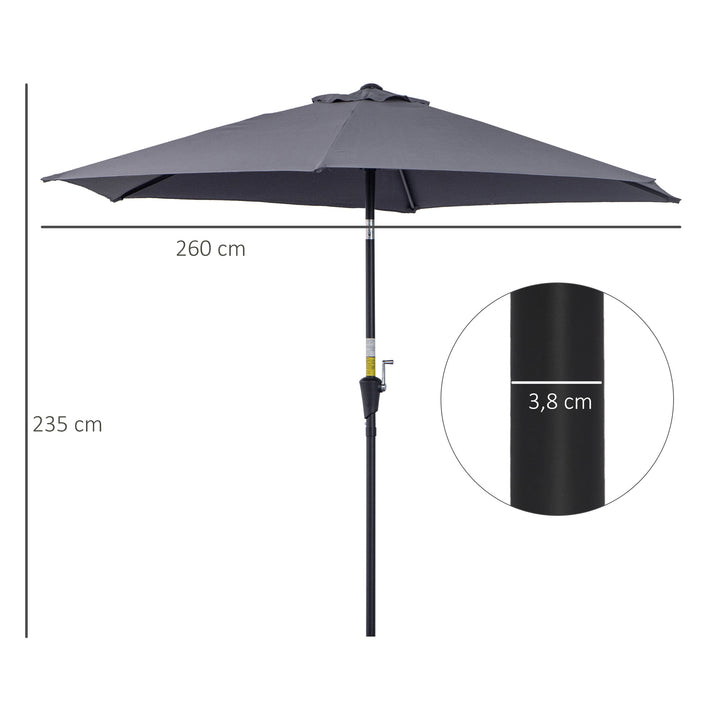 Chapéu de Sol de Jardim Ø270x235cm Chapéu de Sol de Alumínio Reclinável com Manivela e 6 Hastes para Terraço Exterior Balcão Cinza