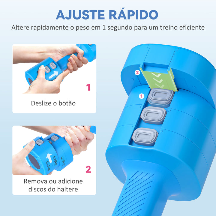 Conjunto de Halteres Ajustáveis 4 em 1 1/1,5/2/2,5 kg Conjunto de Pesos e Halteres de Metal com Pegas Antideslizantes e Design Quadrado para Treino em Casa Ginásio Azul