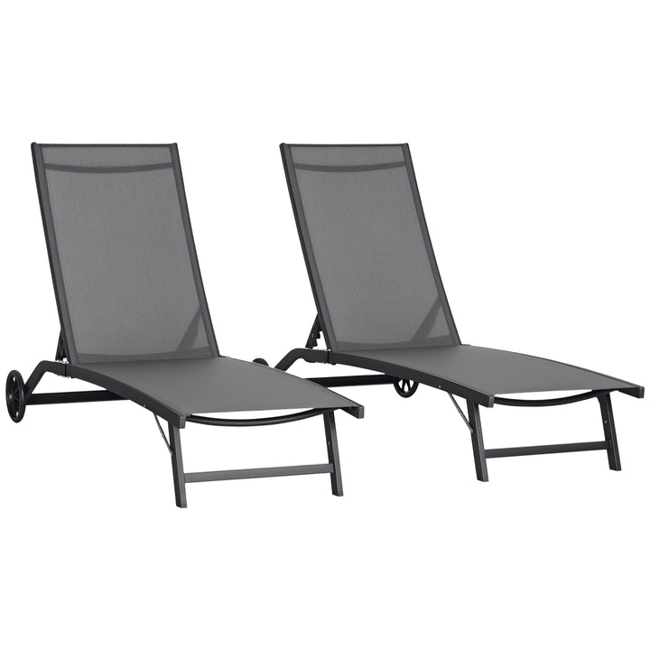 Conjunto de 2 Espreguiçadeiras Reclináveis de Jardim Espreguiçadeiras de Alumínio para Exterior com Encosto Ajustável em 5 Níveis e Rodas para Praia Piscina 165x66x102cm Cinza