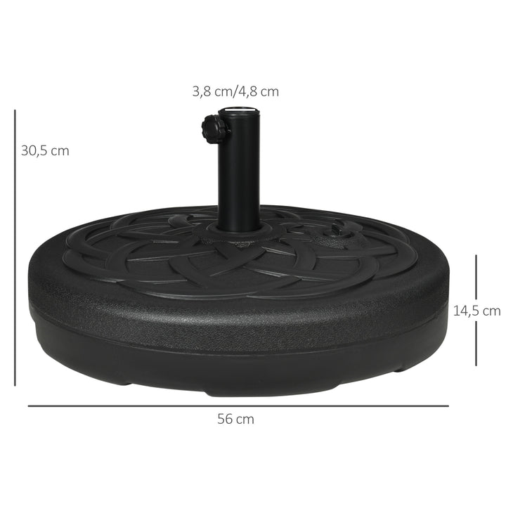Base para Chapéu de Sol de PE Redonda Suporte para Chapéu de Sol 2,5kg Apto para Mastros de 38mm/48mm Preenchível com Areia 35kg e Água 25L Ø56x30,5cm Preto