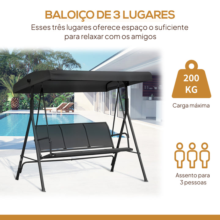 Baloiço de Jardim Exterior de 3 Lugares com Toldo Reclinável Estrutura de Aço e Assento Respirável 175x118x159 cm Preto