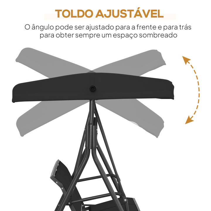 Baloiço de Jardim Exterior de 3 Lugares com Toldo Reclinável Estrutura de Aço e Assento Respirável 175x118x159 cm Preto