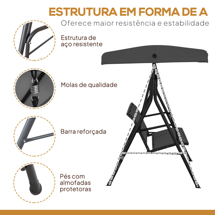 Baloiço de Jardim Exterior de 3 Lugares com Toldo Reclinável Estrutura de Aço e Assento Respirável 175x118x159 cm Preto