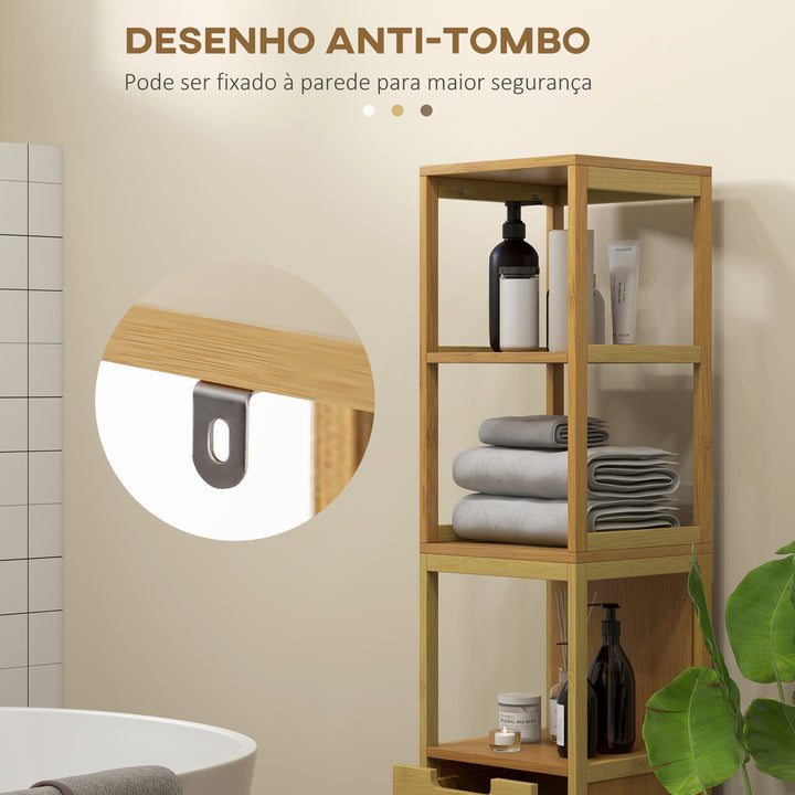 Coluna Casa de Banho com 3 Prateleiras e 2 Gavetas Armário Alto para Casa de banho Estilo Moderno 30x30x144,3 cm Madeira