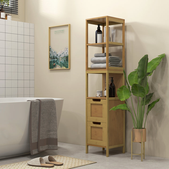 Coluna Casa de Banho com 3 Prateleiras e 2 Gavetas Armário Alto para Casa de banho Estilo Moderno 30x30x144,3 cm Madeira
