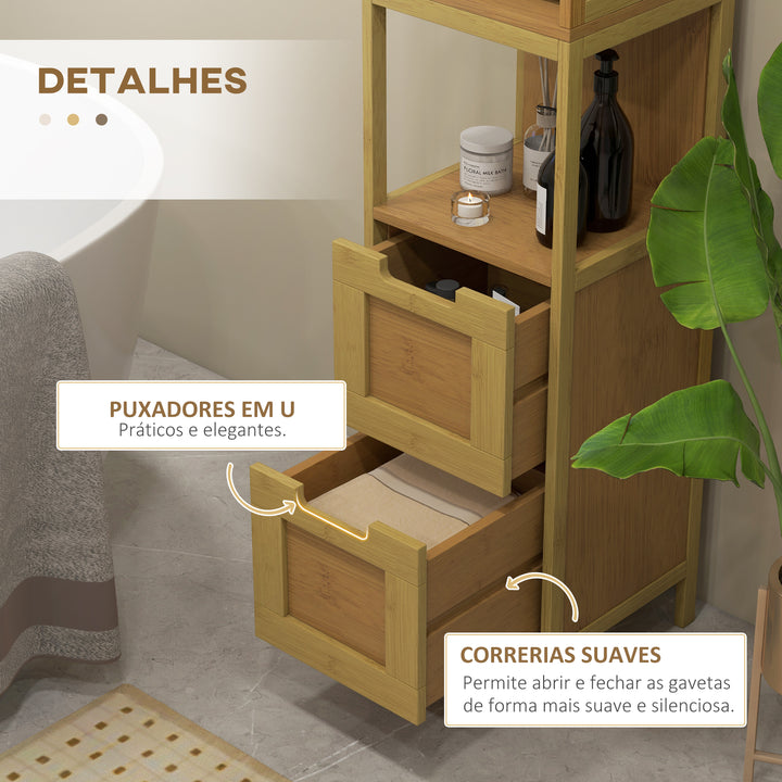 Coluna Casa de Banho com 3 Prateleiras e 2 Gavetas Armário Alto para Casa de banho Estilo Moderno 30x30x144,3 cm Madeira