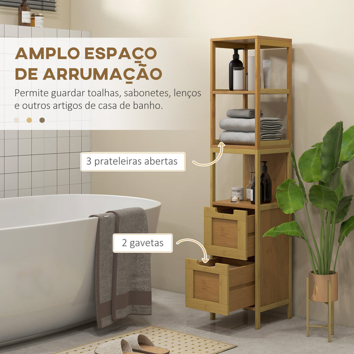 Coluna Casa de Banho com 3 Prateleiras e 2 Gavetas Armário Alto para Casa de banho Estilo Moderno 30x30x144,3 cm Madeira