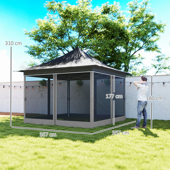 Tenda Dobrável 3,5x3,5x3 m Tenda de Jardim com Altura Ajustável 4 Mosquiteiros Proteção UV50+ Impermeável e Bolsa de Transporte Tenda para Eventos Campismo Cinza Escuro