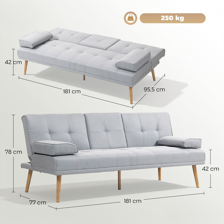 Sofá Cama 3 Lugares Sofá Cama Dobrável com Encosto Ajustável de 3 Níveis Apoio para os Braços Desmontável e 2 Suportes para Copos 181x77x78 cm Cinza Claro
