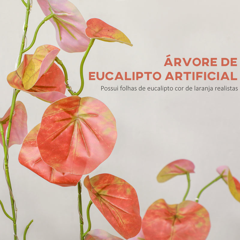 Árvore de Eucalipto Artificial 120 cm Árvore Artificial com 175 Luzes LED e Base Decoração para Interior e Exterior Laranja e Marrom