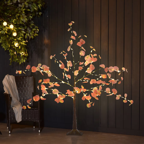 Árvore de Eucalipto Artificial 120 cm Árvore Artificial com 175 Luzes LED e Base Decoração para Interior e Exterior Laranja e Marrom