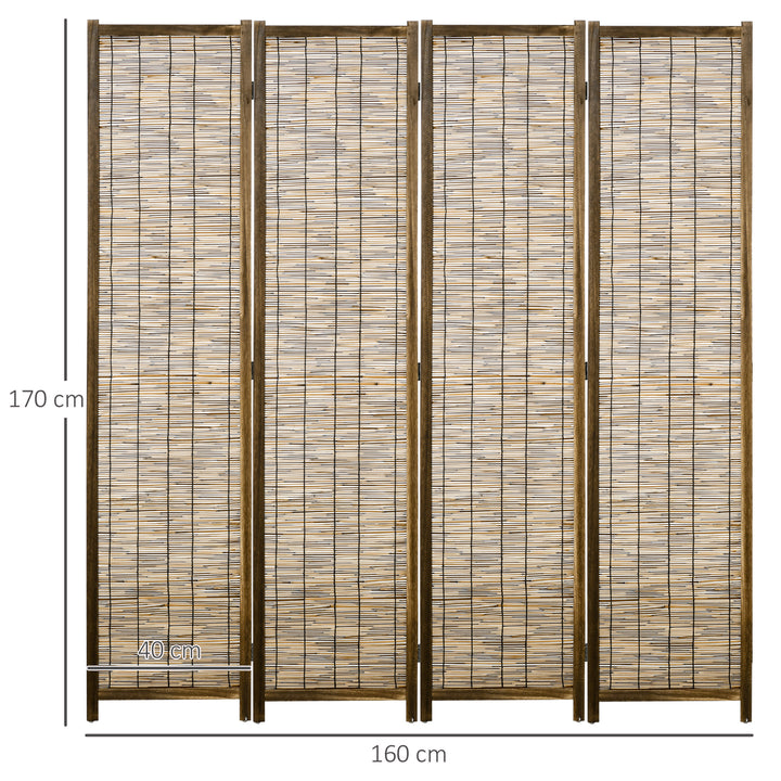 Biombo de 4 Painéis Separador de Ambientes Dobrável 160x1,8x170 cm Divisor de Ambientes de Madeira e Caniço Estilo Rústico para Escritório Dormitório Sala de Estar Madeira
