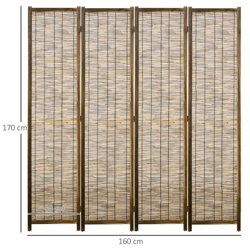 Biombo de 4 Painéis Separador de Ambientes Dobrável 160x1,8x170 cm Divisor de Ambientes de Madeira e Caniço Estilo Rústico para Escritório Dormitório Sala de Estar Madeira