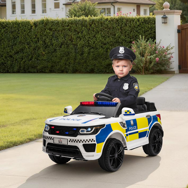 Carro Elétrico para Crianças acima de 3 Anos Carro Elétrico Infantil de Policia Carro a Bateria 12V com Controlo Remoto Bluetooth USB Luz Sirene 110x68x52 cm Branco