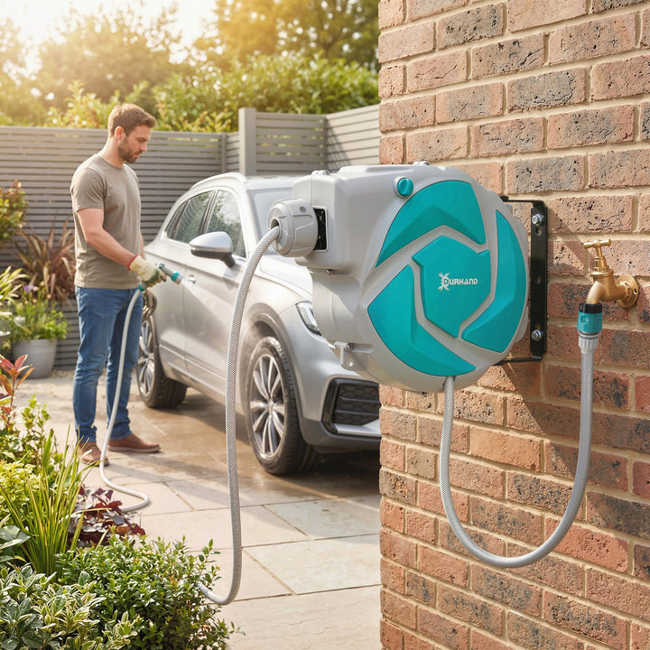 Enrolador de Mangueira para Jardim 10+1 m com Bico de 7 Funções, Enrolador de Mangueira de Parede Giratório 180°, com Enrolamento Automático, Cinzento Claro e Verde