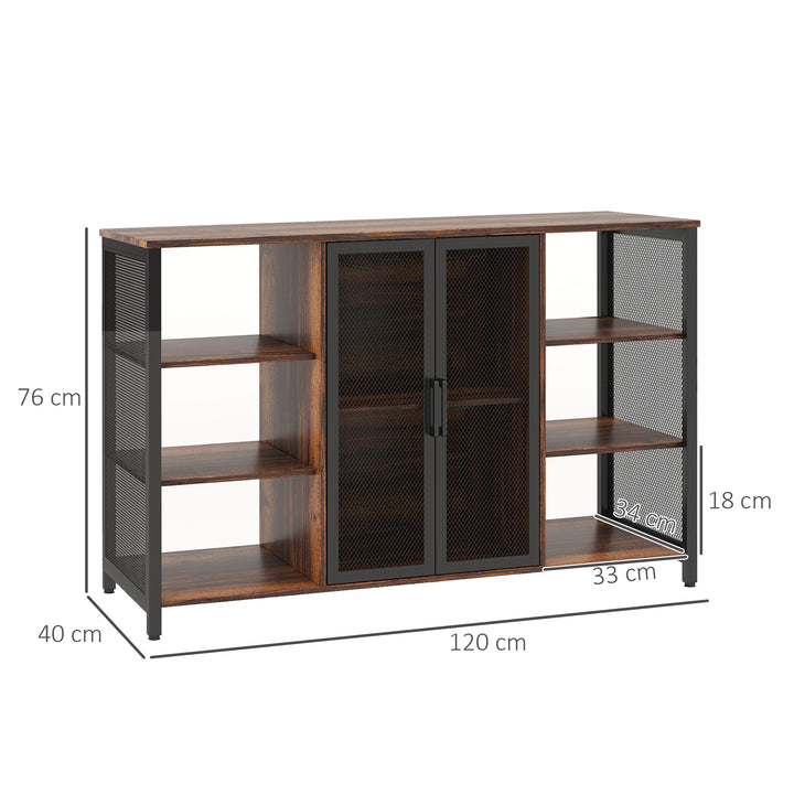 Aparador de Cozinha Industrial Móvel de Armazenamento de Garrafas com 6 Prateleiras Abertas Suporte para Copos e Prateleira Ajustável para Bar Sala Cozinha 120x40x76 cm Castanho Rústico
