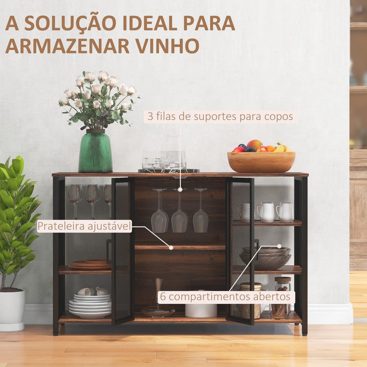 Aparador de Cozinha Industrial Móvel de Armazenamento de Garrafas com 6 Prateleiras Abertas Suporte para Copos e Prateleira Ajustável para Bar Sala Cozinha 120x40x76 cm Castanho Rústico