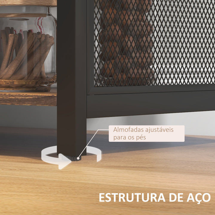 Aparador de Cozinha Industrial Móvel de Armazenamento de Garrafas com 6 Prateleiras Abertas Suporte para Copos e Prateleira Ajustável para Bar Sala Cozinha 120x40x76 cm Castanho Rústico