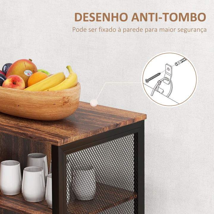 Aparador de Cozinha Industrial Móvel de Armazenamento de Garrafas com 6 Prateleiras Abertas Suporte para Copos e Prateleira Ajustável para Bar Sala Cozinha 120x40x76 cm Castanho Rústico