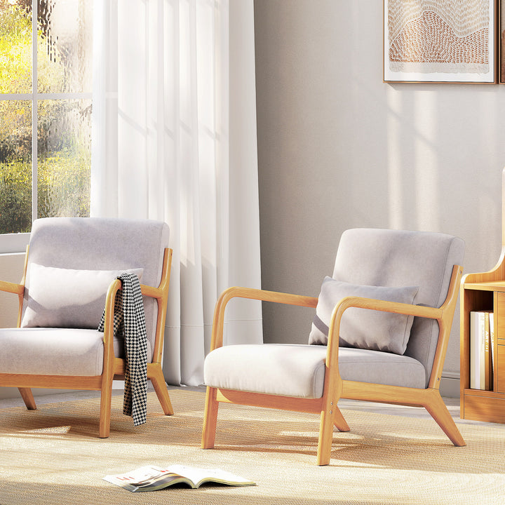 Poltrona Sala de Estar Nórdica Poltrona Individual Acolchoada com Apoio para os Braços e Estrutura de Madeira de Borracha para Dormitório Carga 120 kg 61x78x76 cm Cinza