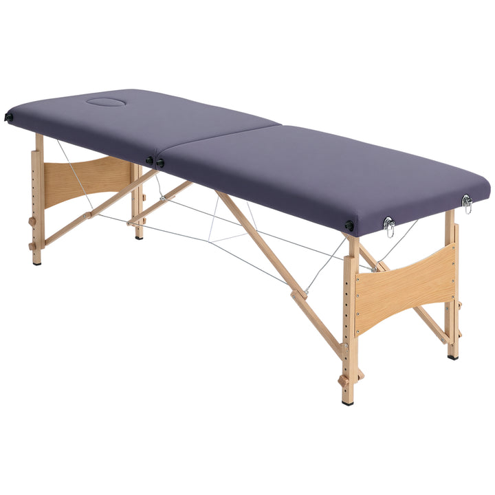 Marquesa de Massagem Dobrável Mesa de Massagem Portátil com Apoio para a Cabeça Estrutura de Madeira Altura Ajustável e Bolsa de Transporte 186x60x58-81 cm Roxo