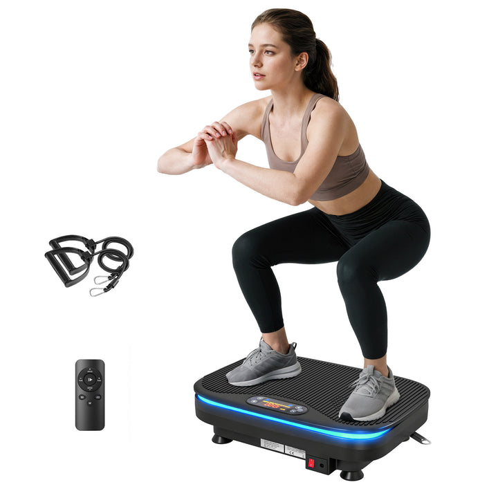 Plataforma Vibratória 99 Velocidades 3 Programas Plataforma de Vibração Muscular com Bluetooth Ecrã LED Luzes Com Controlo Remoto Bandas Elásticas Para Exercício em Casa 47x32x12 cm Preto