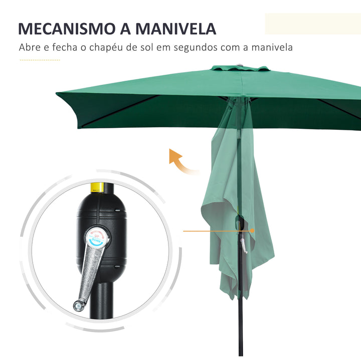 Chapéu de Sol de Alumínio 195x295x240 cm Chapéu de Sol Retangular de Jardim Inclinável com Manivela e Mastro Desmontável para Terraço Piscina Pátio Exterior Verde
