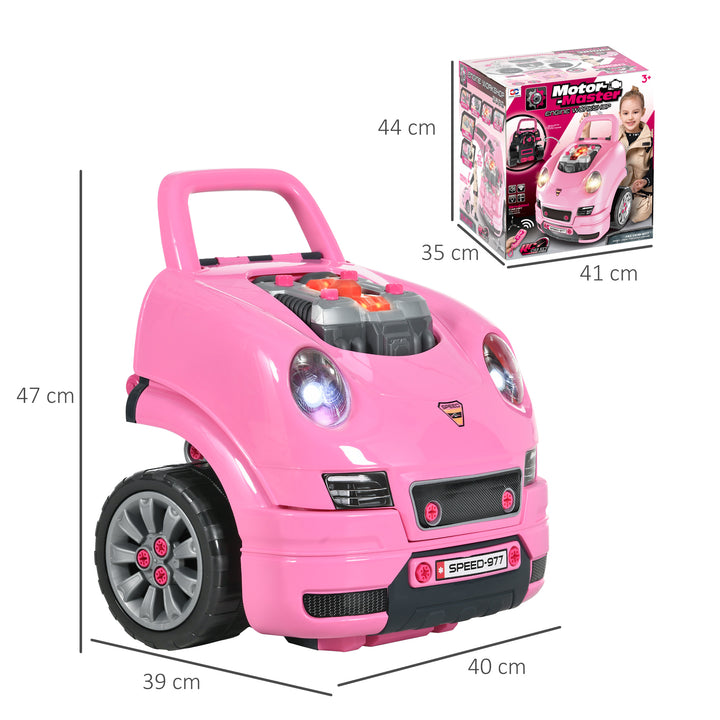 Motor de Caminhão para Crianças acima de 3 Anos Conjunto de Motor de Brinquedo com 61 Peças Volante Buzina Faróis Caixa de Armazenamento e Rodas 40x39x47 cm Rosa