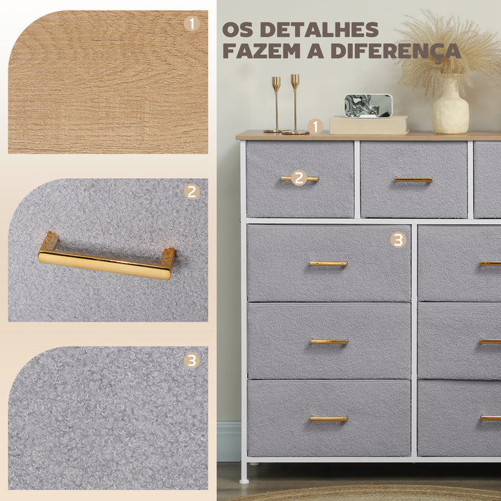 Cómoda com 9 Gavetas Estofada em Borreguito Cómoda de Tela com Estrutura de Aço Cómoda para Dormitório Corredor 100x30x99 cm Cinzento