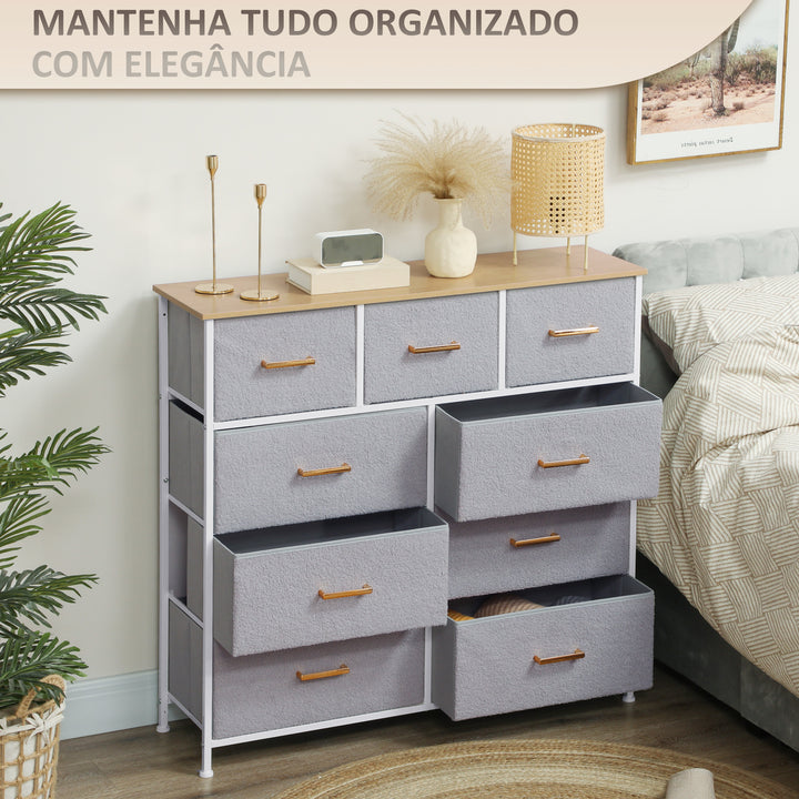 Cómoda com 9 Gavetas Estofada em Borreguito Cómoda de Tela com Estrutura de Aço Cómoda para Dormitório Corredor 100x30x99 cm Cinzento