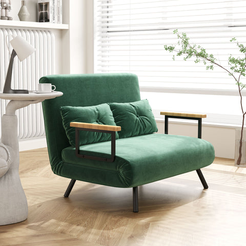 Sofá Cama Sofá Convertível em Cama de 2 Lugares Dobrável com Encosto Ajustável em 5 Níveis e 2 Almofadas Acolchoadas para Escritório Dormitório Sala de Estar 102x73x81 cm Verde